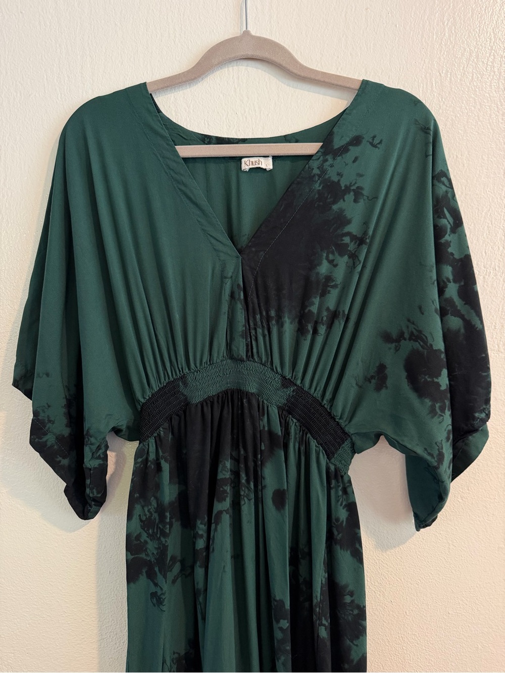 Kush Green Black Tie Dye Kimono Sleeve Boho Maxi Dress Size Large - Picture 2 of 7